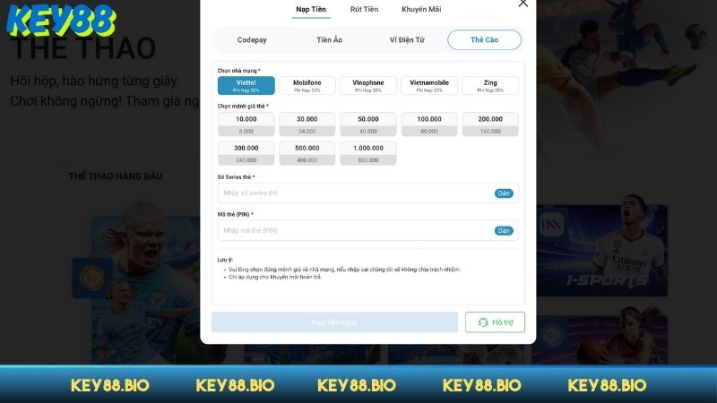 Nạp tiền Key88 qua thẻ cào điện thoại